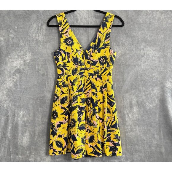 J CREW Women Fit Flare V Neck Pique Dress Sz 00 Yellow Floral Sleeveless 51-8 - Picture 2 of 11